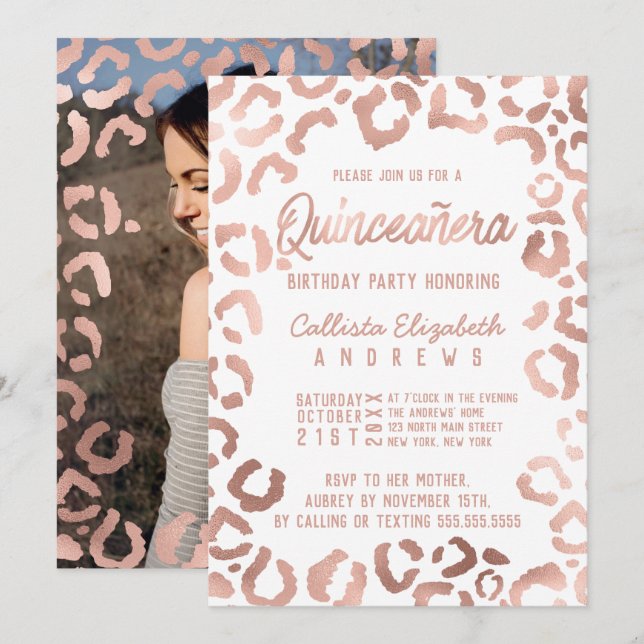 Invitation Photo White Rose Gold Cheetah Leopard Quinceañera (Devant / Derrière)