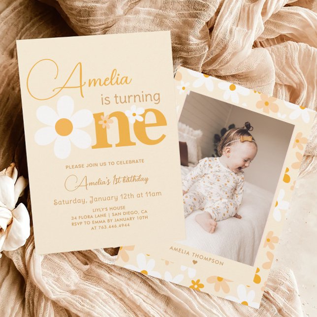 Invitation Photo Yellow Daisy 1ère fête d'anniversaire (Créateur téléchargé)