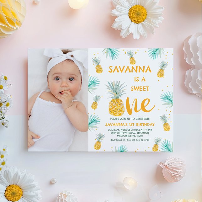 Invitation Photo Yellow Sweet One Ananas 1er anniversaire (Pineapple Sweet One 1st Birthday Invitation For Baby Girls, Girls Pineapple First Birthday Invite)