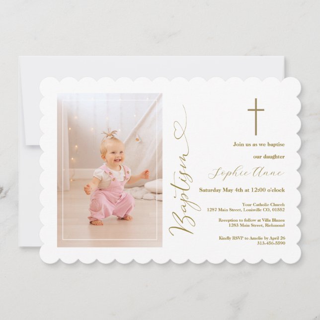 Invitation Photographie de la fille d'or moderne Baptême (Devant)
