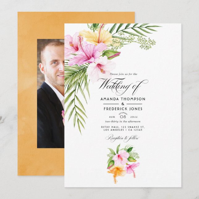 Invitation Photographie de mariage de plage florale tropicale (Devant / Derrière)