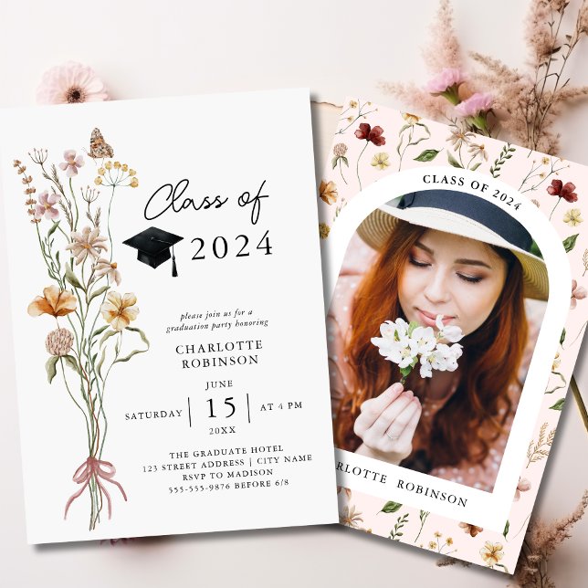 Invitation Photographie élégante de la fête des Fleurs sauvag (Stylish Spring Wildflower Graduation Party Photo Invitation)