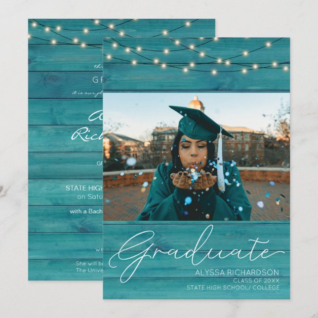 Invitation Photographie en bois bleu - Annonce de diplôme (Devant / Derrière)