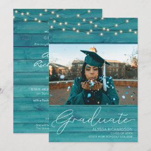 Invitation Photographie en bois bleu - Annonce de diplôme