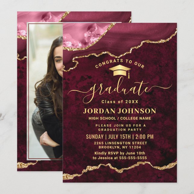 Invitation Photographie moderne Golden Red Marble Graduation  (Devant / Derrière)