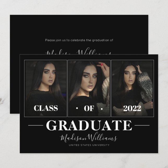 Invitation Photographie moderne noir élégant Collage Graduati (Devant / Derrière)
