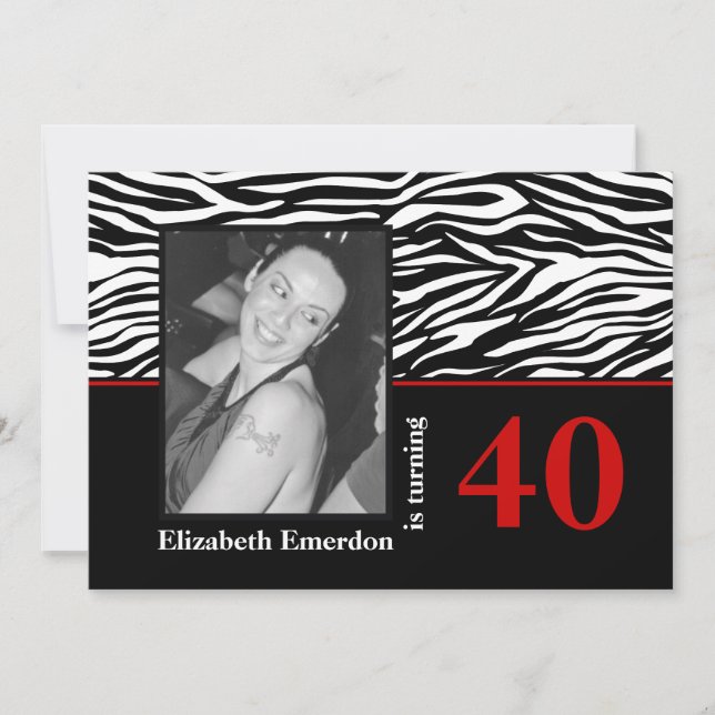 Invitation Photographie noir blanc rouge zèbre 40e anniversai (Devant)