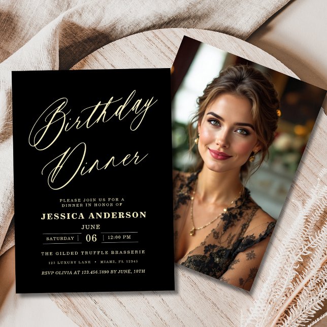 Invitation Photographie noir et or Anniversaire Dîner moderne (Créateur téléchargé)