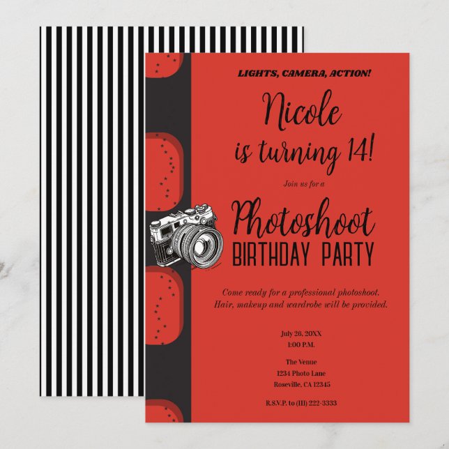 Invitation Photographie noir rouge fête d'anniversaire (Devant / Derrière)