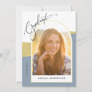 Invitation Photos Archées Dusty Blue & Gold Graduation Party