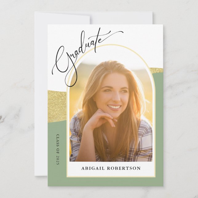 Invitation Photos Archées Sage Green & Gold Graduation Party (Devant)