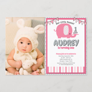 Invitation Photos d'anniversaire moderne rose Grey Baby Eleph