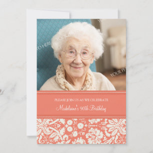 Invitation Photos de Coral Damask 90th Birthday Party Invitat
