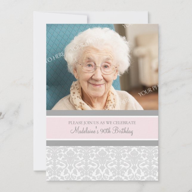 Invitation Photos de Gray Damask 90th Birthday Party Invitati (Devant)