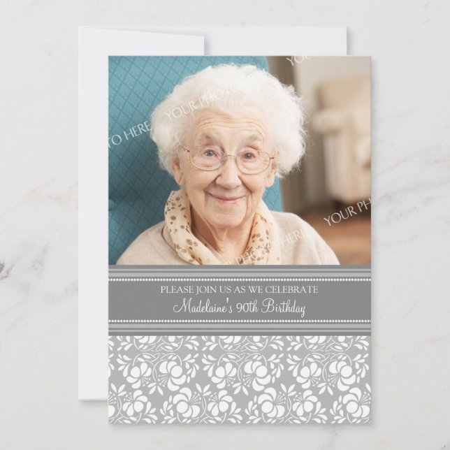 Invitation Photos de Gray Damask 90th Birthday Party Invitati (Devant)