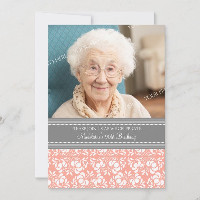 Invitation Photos de Gray Damask 90th Birthday Party Invitati (Devant)