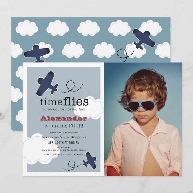 Invitation Photos de l'avion de Time Flies Blue Boy Photo Ann (Devant / Derrière)