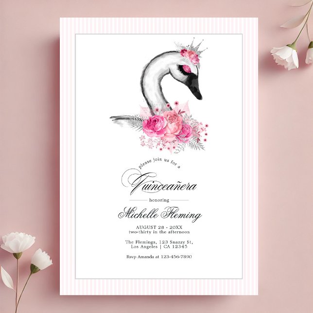 Invitation Photos de Quinceañera rose rose blanche (White Swan Pink Floral Quinceañera Photo Invitation)
