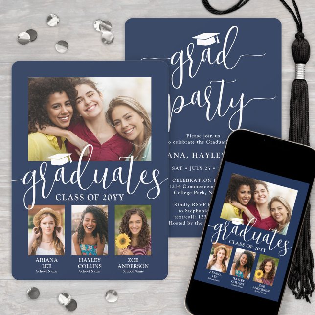 Invitation Photos de triple diplôme Marine & White Joint Part (Créateur téléchargé)