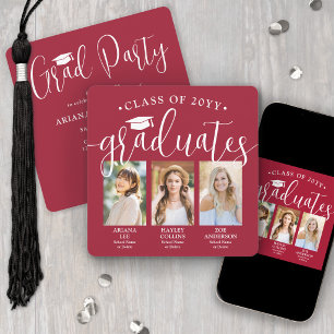 Invitation Photos de triple graduation Rouge et blanc Parti m