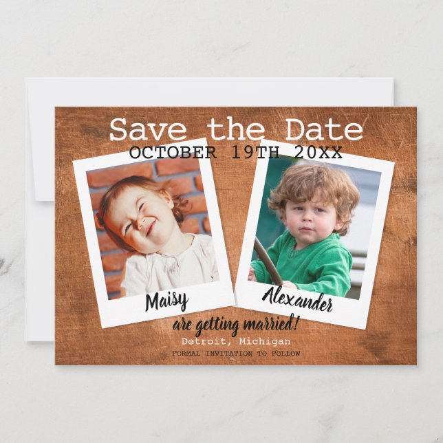 Invitation Photos d'enfance Boho Enregistrez la date Bois vin (Devant)