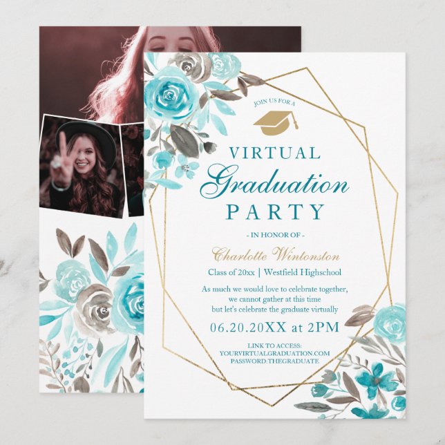 Invitation Photos d'images d'or floral bleu Virtual Graduatio (Devant / Derrière)