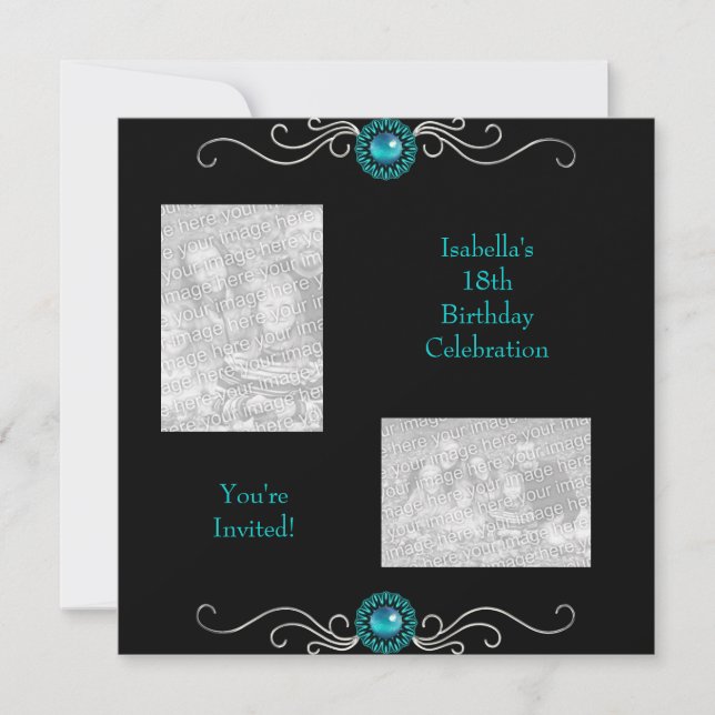 Invitation Photos du 18e anniversaire Black Argent Vert Bijou (Devant)