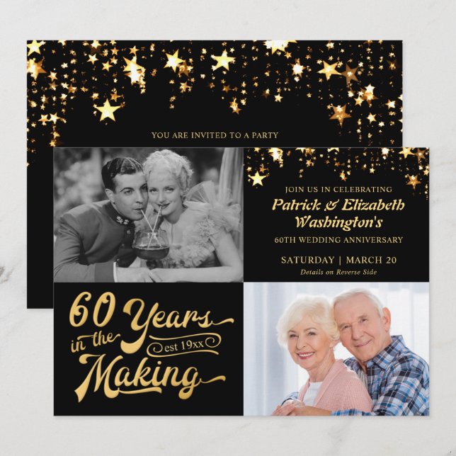Invitation Photos du 60e anniversaire : Then & Now Noir et or (Devant / Derrière)