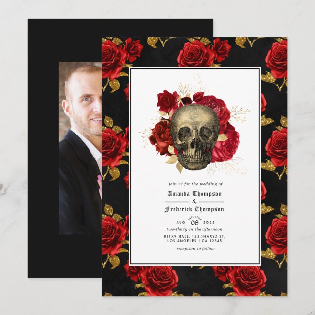 Invitation Photos du Mariage gothique du crâne floral (Devant / Derrière)