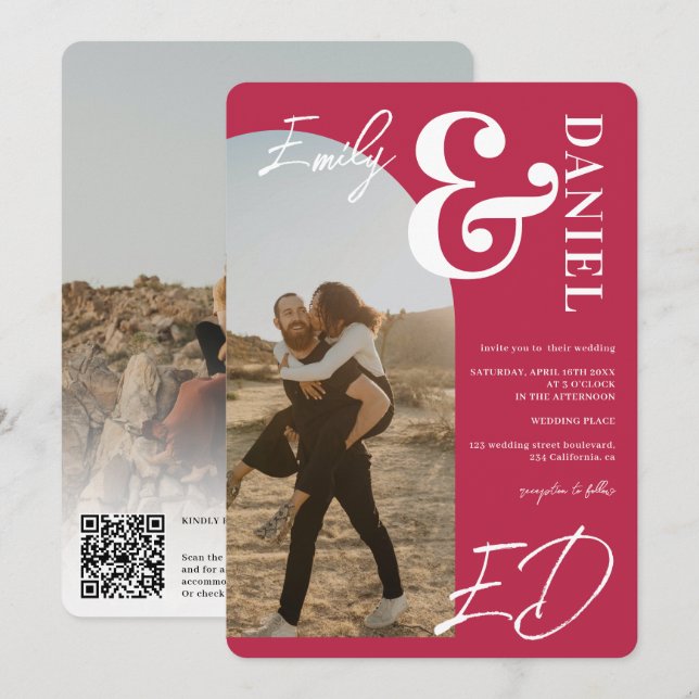 Invitation Photos en gras noms script arche magenta mariage (Devant / Derrière)