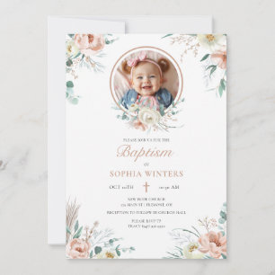 Invitation Photos Florales Et Vertes Roses Baptême