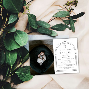Invitation Photos minimalistes Boho Arch Croix Baptême