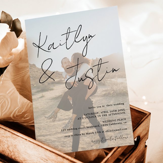 Invitation Photos nom script calligraphie blanc noir mariage (Photos name script calligraphy white black wedding invitation)