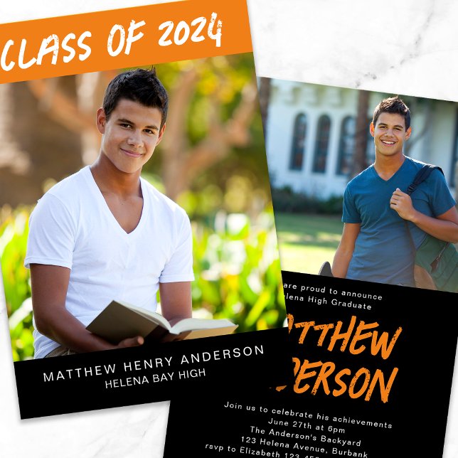 Invitation Photos Orange Noir tendance Graduation (Créateur téléchargé)