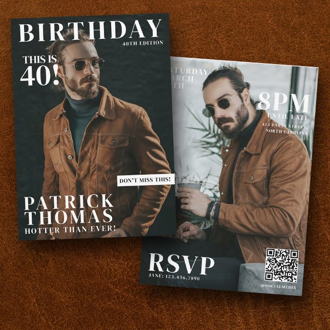 Invitation Photos personnalisées Anniversaire Magazine Couver (Custom Birthday Party Magazine Cover Male 40th Invitation)