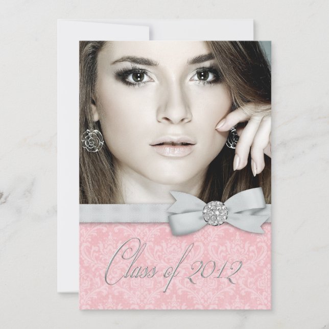 Invitation Photos Pink Damask Annonces de graduation (Devant)