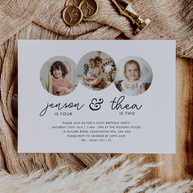 Invitation Photos rondes de l'anniversaire 3 (Zazzle Joint Birthday 3 Round Photos Invitation)