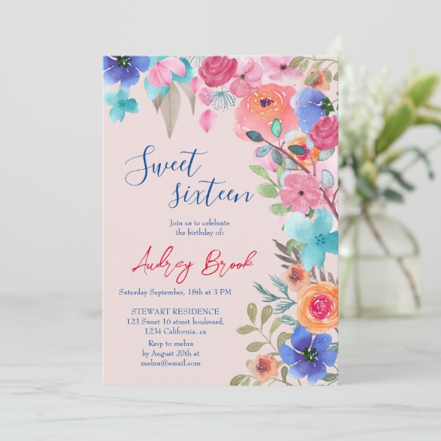 Invitation Photos rose d'aquarelle fleurie d'été Sweet 16 (Debout devant)