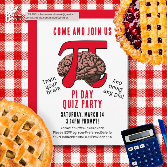 Invitation PI DAY Memorization Party (Fun PI DAY QUIZ PARTY Invitation to celebrate March 14. Ideal for math quizzes and pie lovers too.)