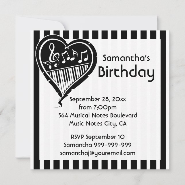Invitation Piano élégant amour musique coeur fête d'anniversa (Dos)