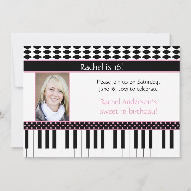 Invitation Piano noir rose Thème Sweet 16 Anniversaire (Devant)