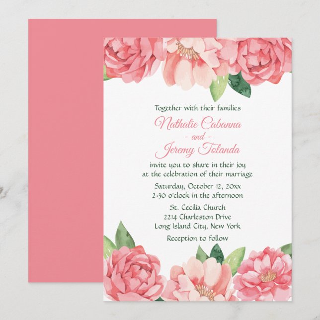 Invitation Pic rose floral Roses Fleurs de mariage (Devant / Derrière)
