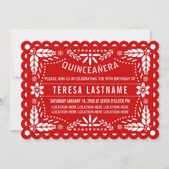Invitation Picado de papillon rouge et blanc Quinceañera (Devant)