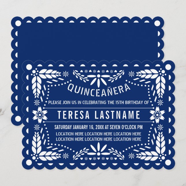 Invitation Picado Royal bleu et blanc papillon Quinceañera (Devant / Derrière)