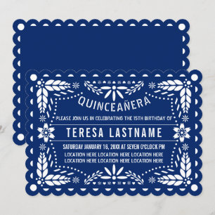 Invitation Picado Royal bleu et blanc papillon Quinceañera