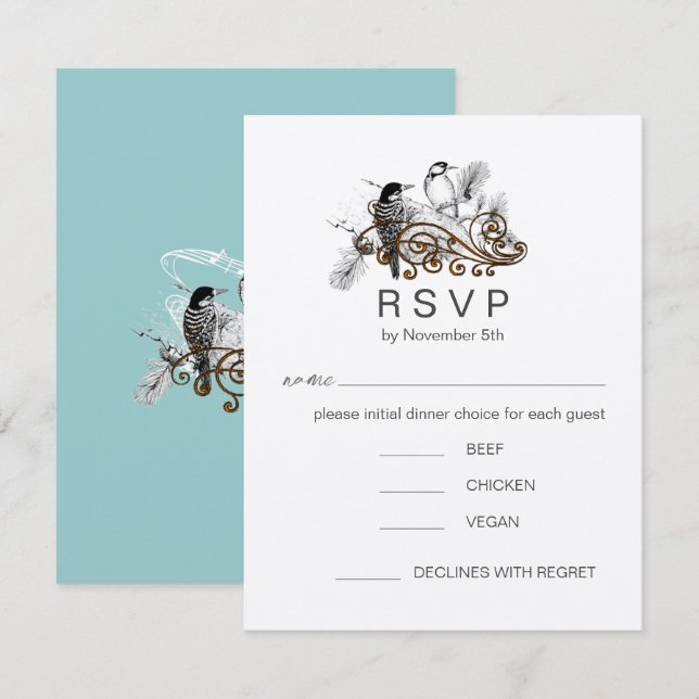 Invitation Pichette romantique bleu poussiéreux Oiseaux de l' (Devant / Derrière)