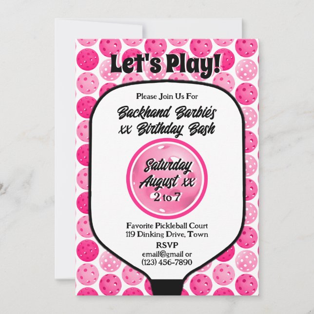 Invitation Pickleball Anniversaire fête rose blanc photo (Devant)