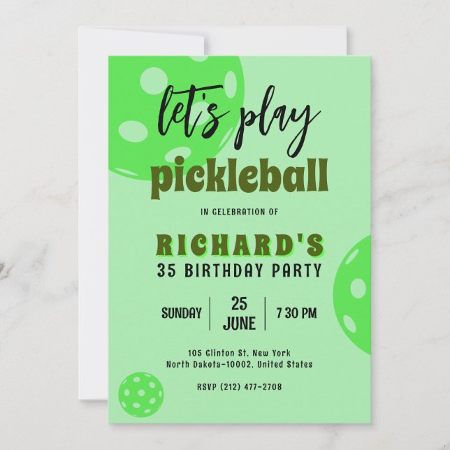 Invitation Pickleball Anniversaire Green Pickleball Sports Pa (Devant)