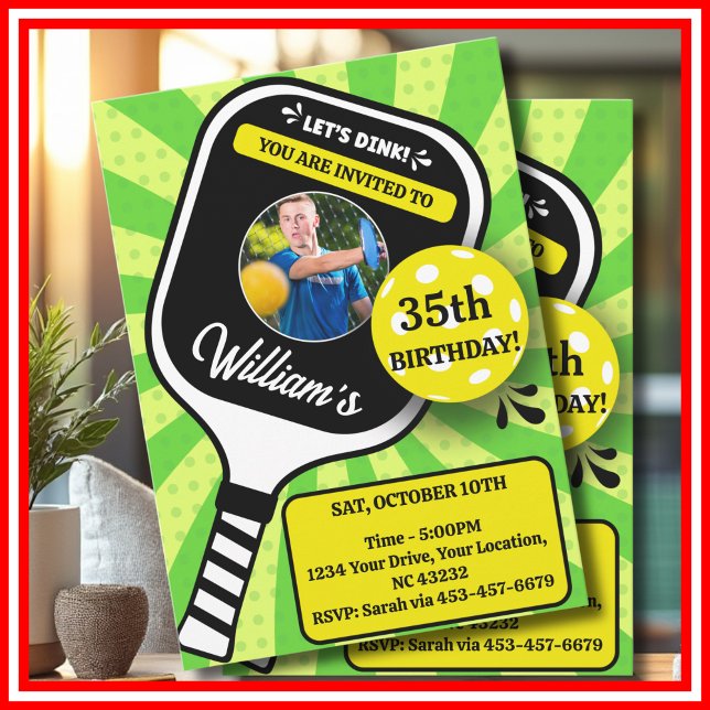 Invitation Pickleball Anniversaire RETRO Green Sports (Pickleball Birthday RETRO Green Stripes Sports PHOTO Invitation )