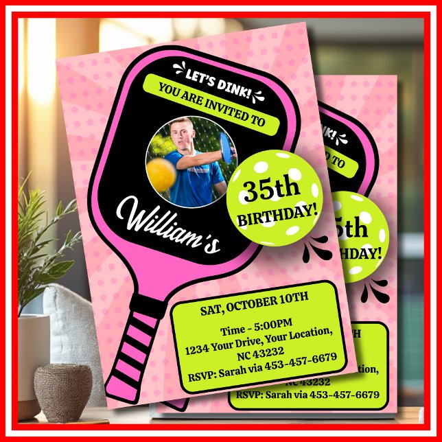 Invitation Pickleball Anniversaire RETRO Pink Sports PHOTO (Pickleball Birthday RETRO Pink Sports PHOTO Invitation)